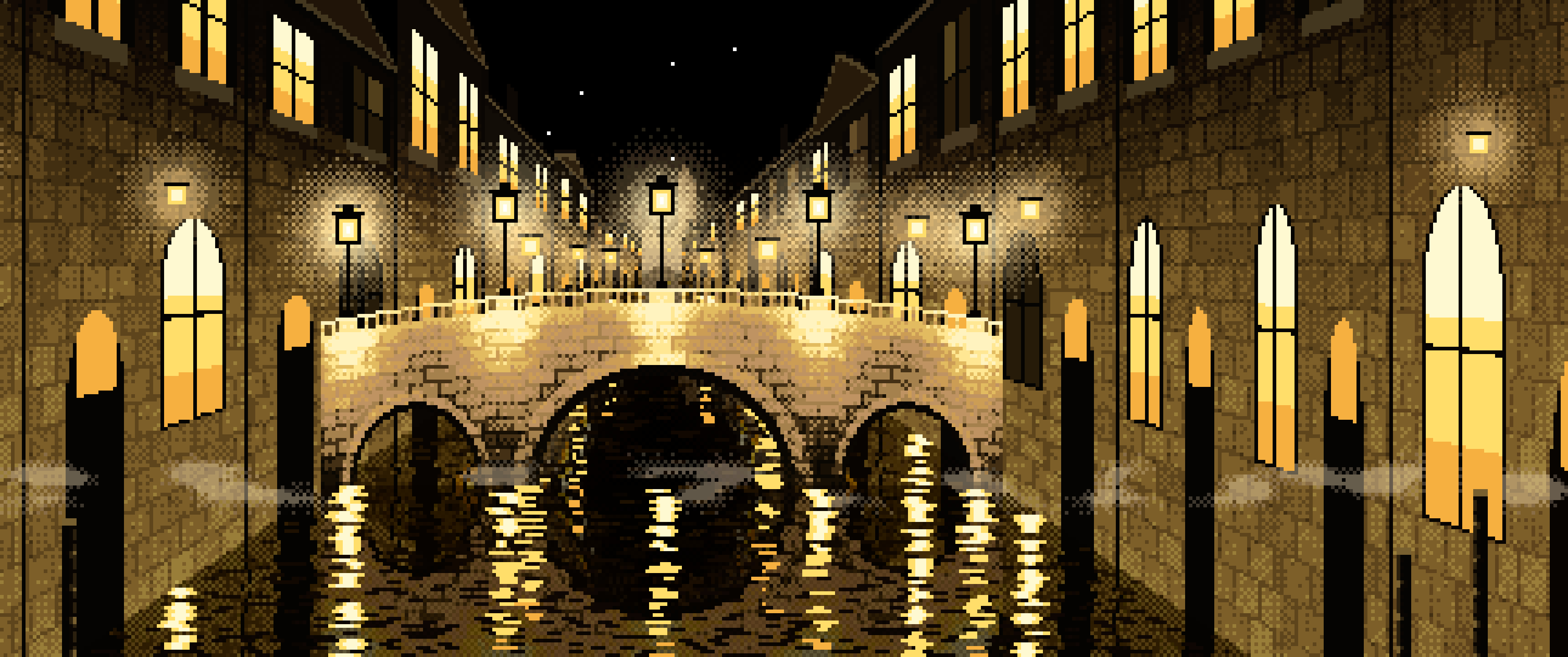 Yellow Pixel Art Street Lamps on a Canal Bridge at Night ultrawide wallpaper, 3440 × 1440