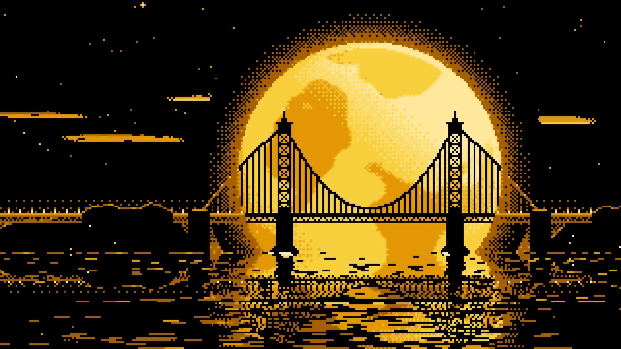 Yellow Pixel Art Suspension Bridge and Full Moon desktop wallpaper in 4K