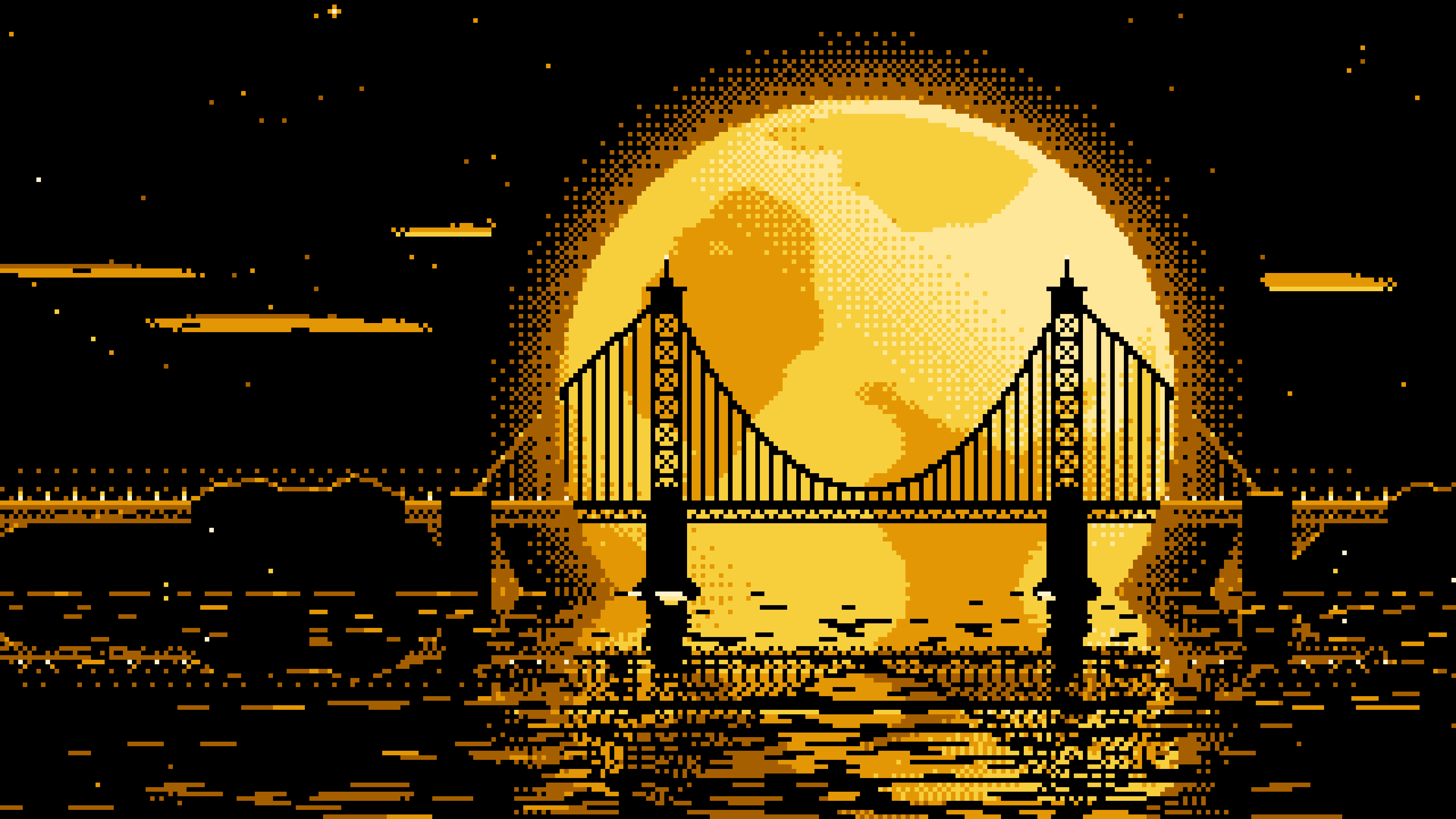 Yellow Pixel Art Suspension Bridge and Full Moon desktop wallpaper in 4K