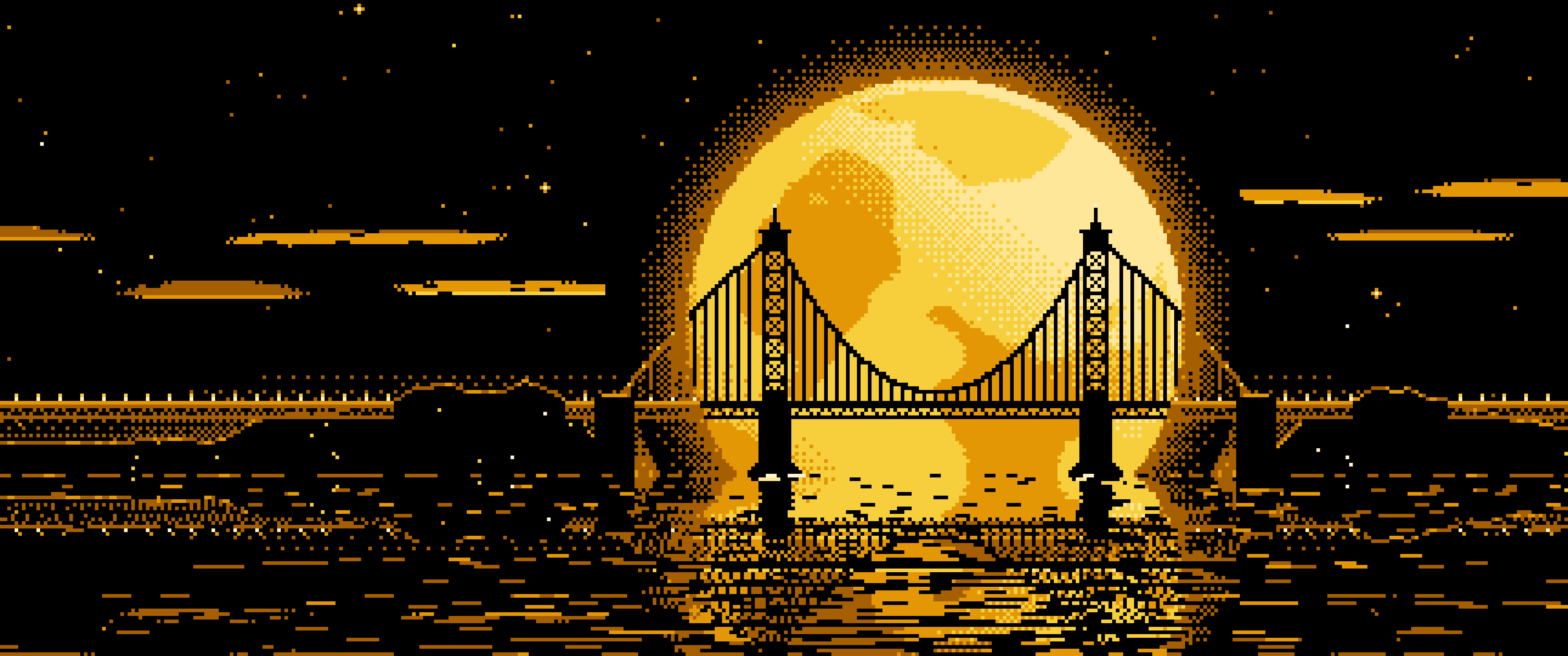 Yellow Pixel Art Suspension Bridge and Full Moon ultrawide wallpaper, 3440 × 1440