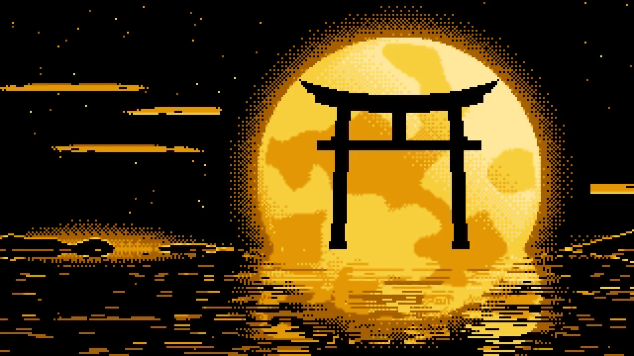 Yellow Pixel Art Torii Gate and Moon desktop wallpaper in 4K