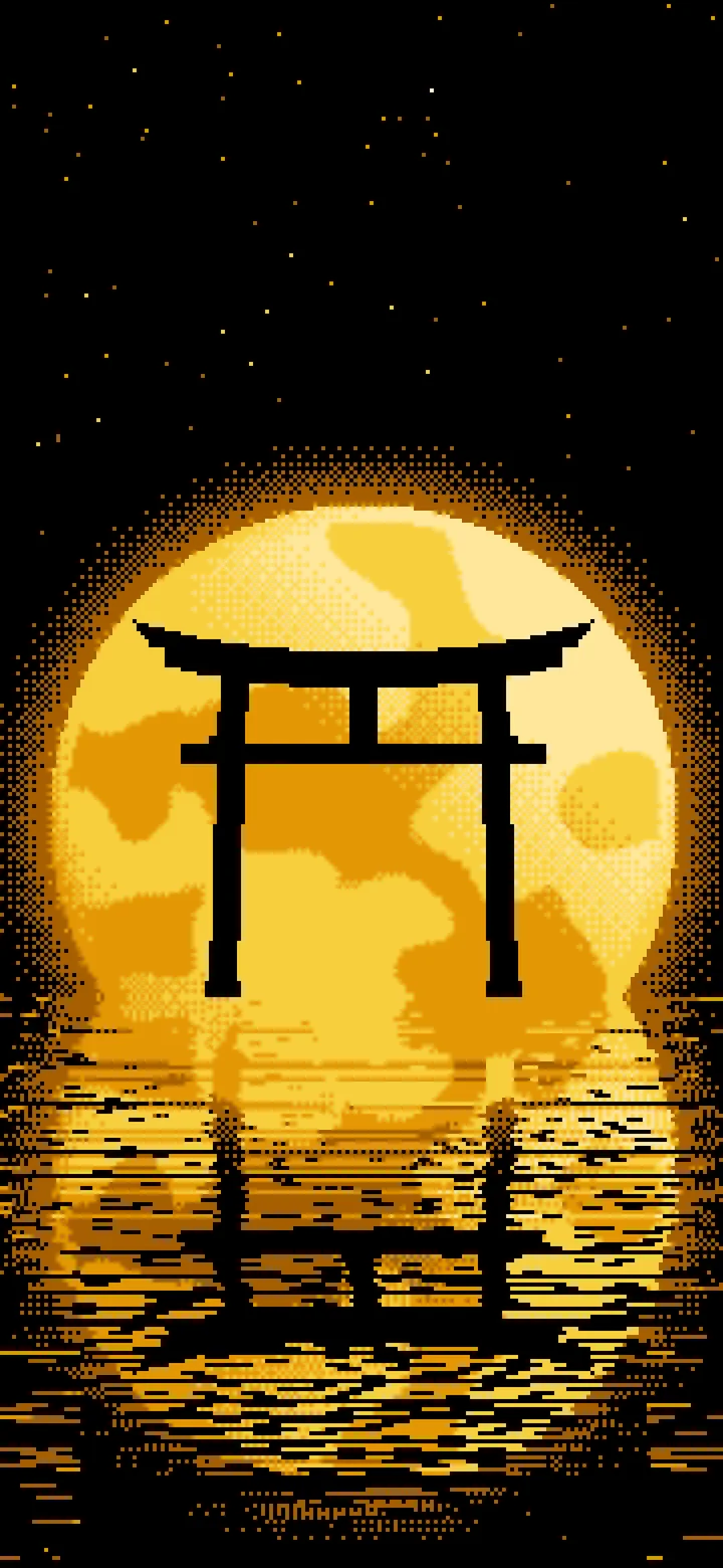 Yellow Pixel Art Torii Gate and Moon wallpaper for iPhone and Android
