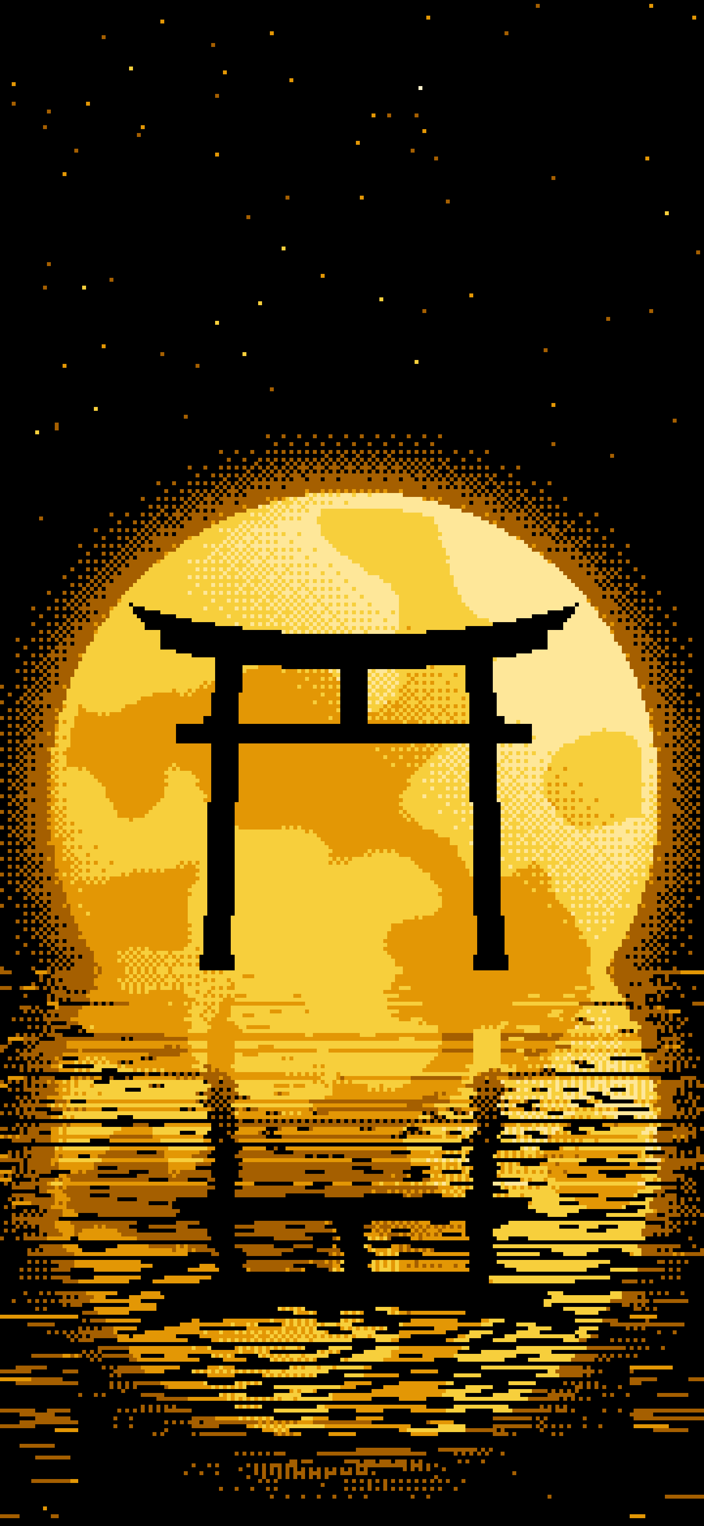 Yellow Pixel Art Torii Gate and Moon wallpaper for iPhone and Android