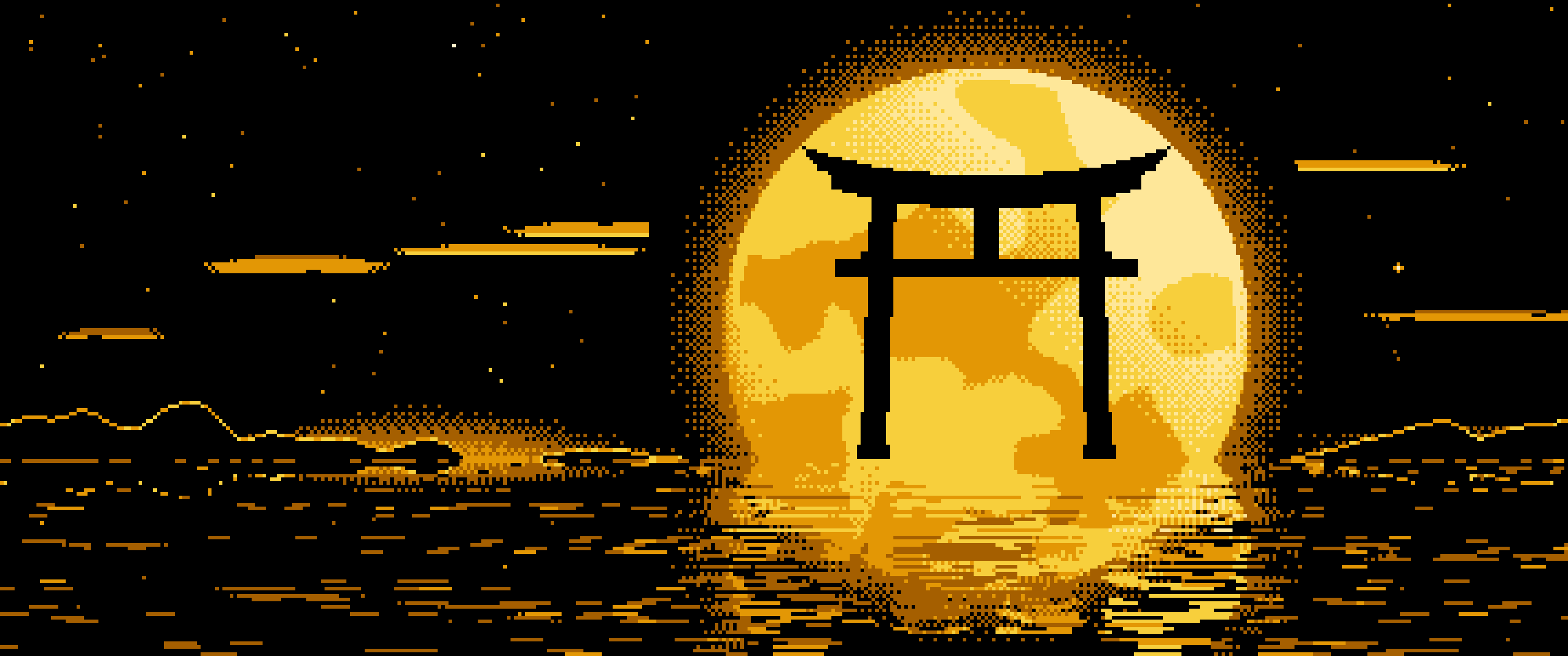 Yellow Pixel Art Torii Gate and Moon ultrawide wallpaper, 3440 × 1440