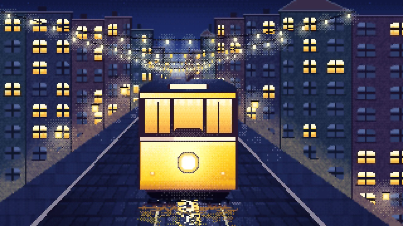 Yellow Pixel Art Tram at Night desktop wallpaper in 4K