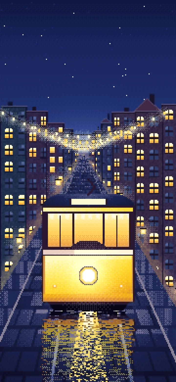 Yellow Pixel Art Tram at Night wallpaper for iPhone and Android