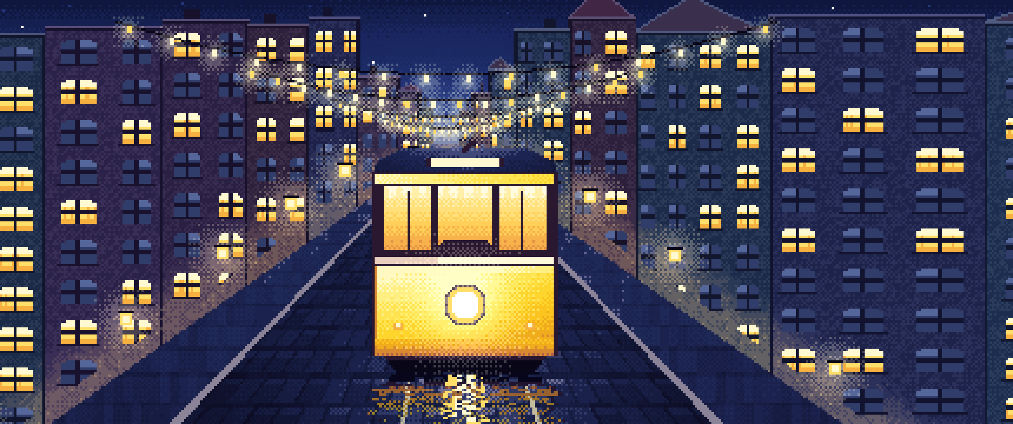 Yellow Pixel Art Tram at Night ultrawide wallpaper, 3440 × 1440