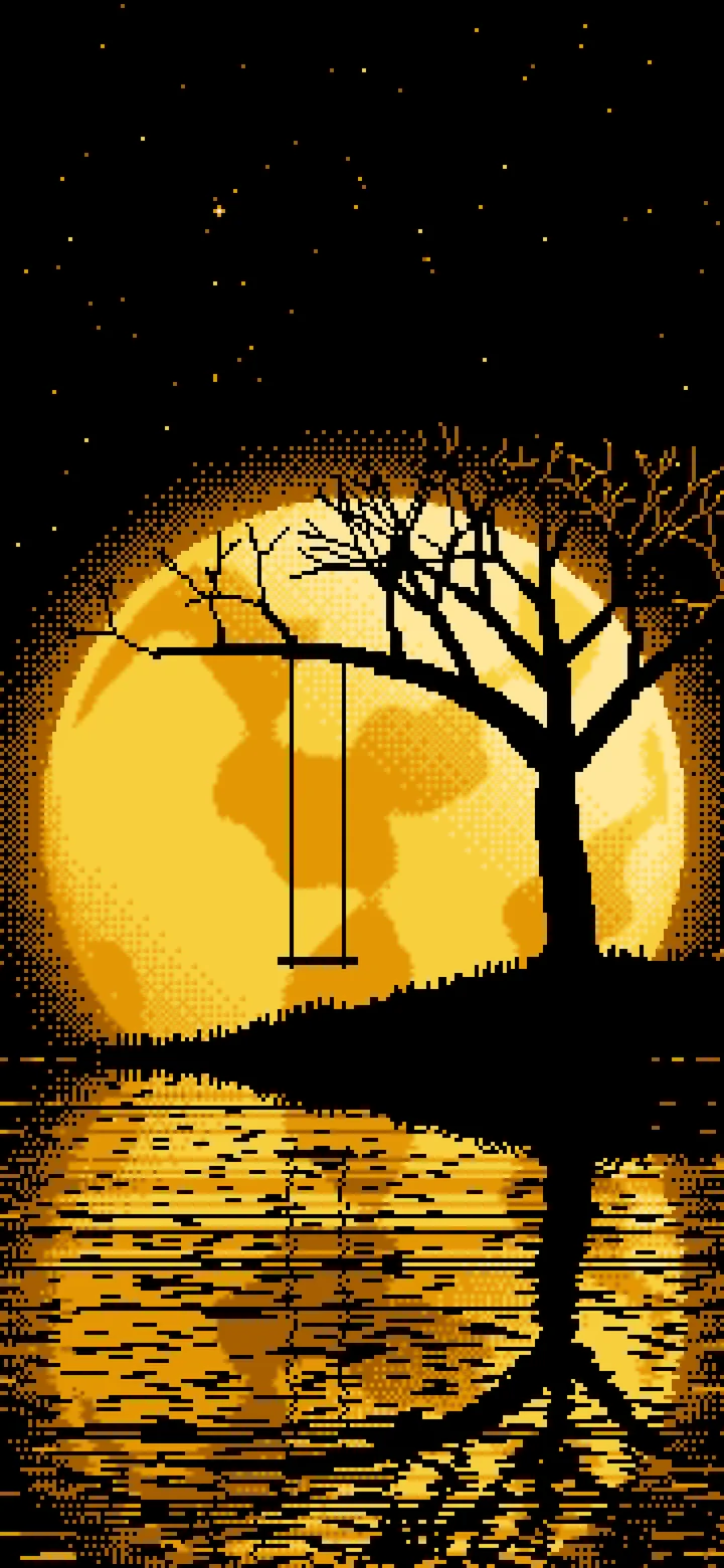 Yellow Pixel Art Tree Swing and Full Moon wallpaper for iPhone and Android