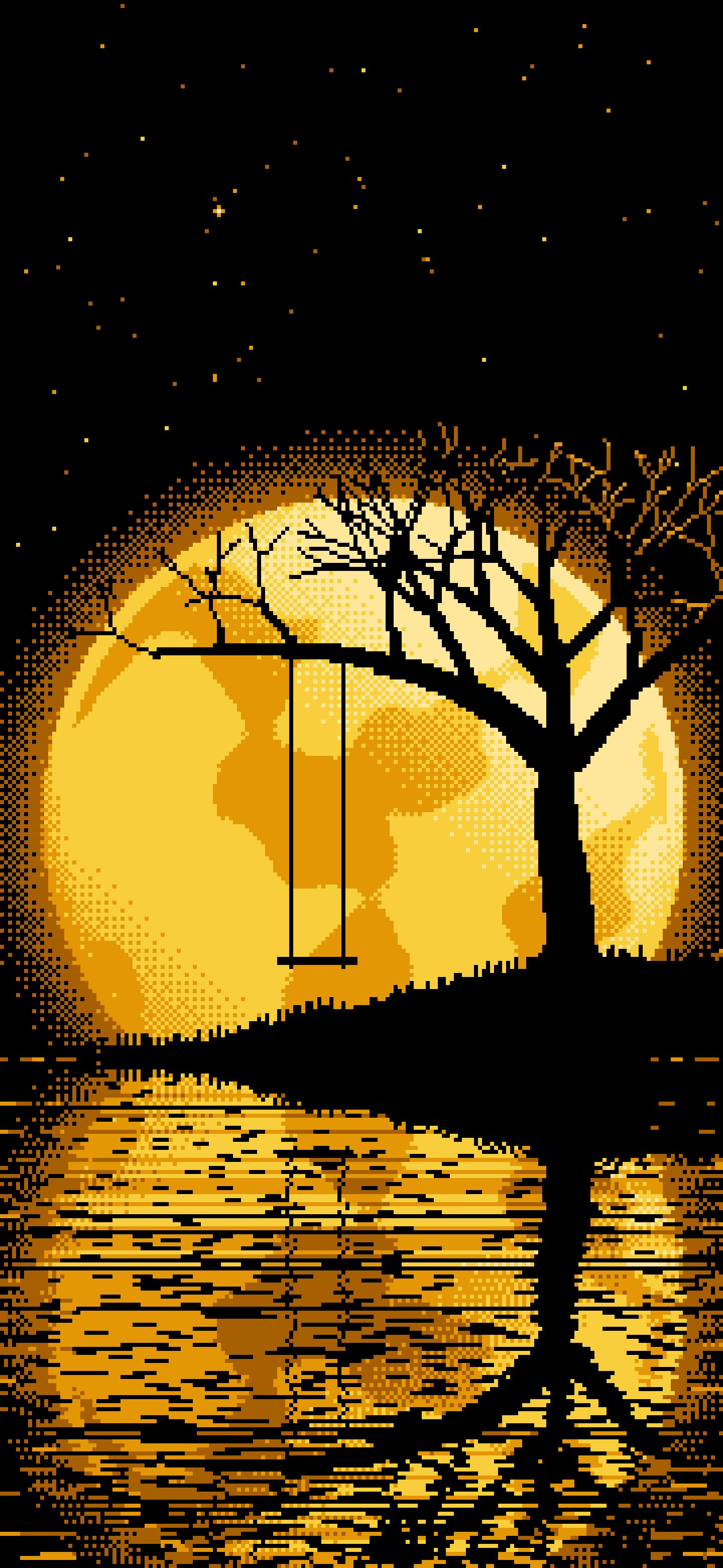 Yellow Pixel Art Tree Swing and Full Moon wallpaper for iPhone and Android