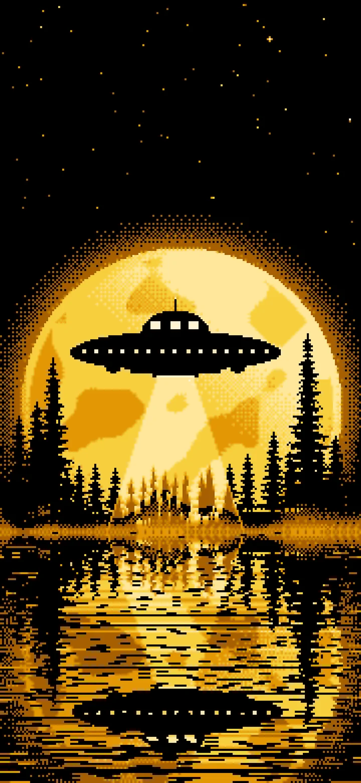 Yellow Pixel Art UFO and Full Moon wallpaper for iPhone and Android