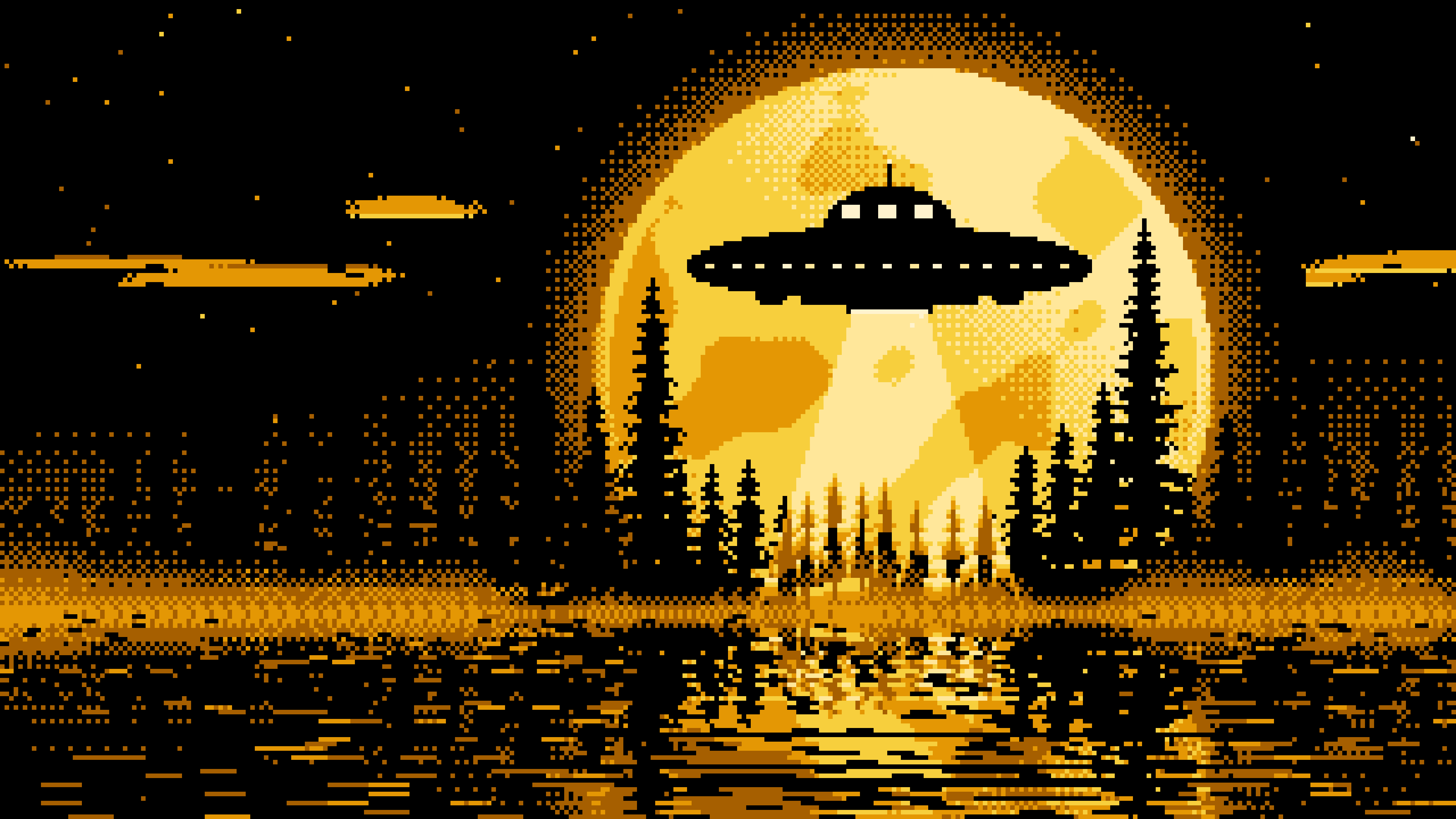 Yellow Pixel Art UFO and Full Moon desktop wallpaper in 4K