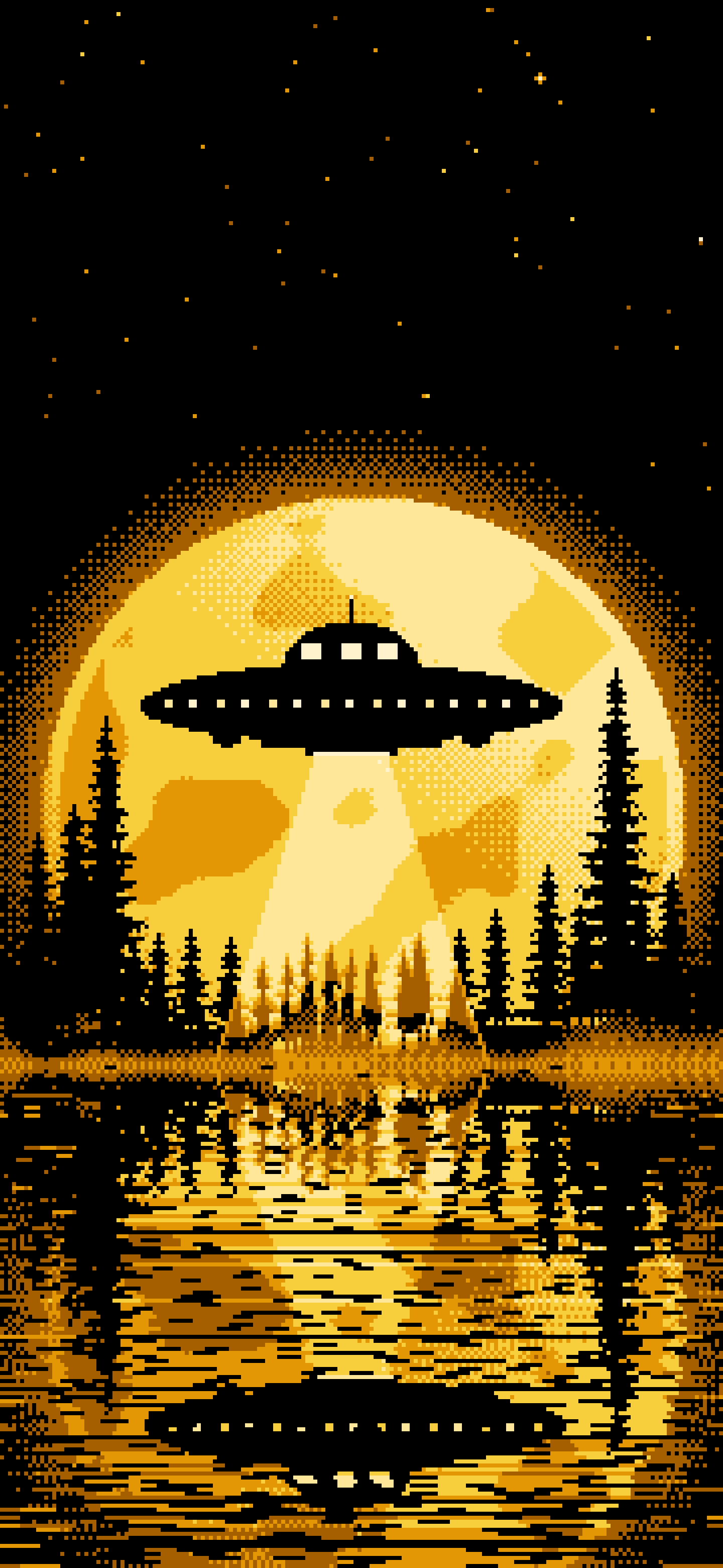 Yellow Pixel Art UFO and Full Moon wallpaper for iPhone and Android