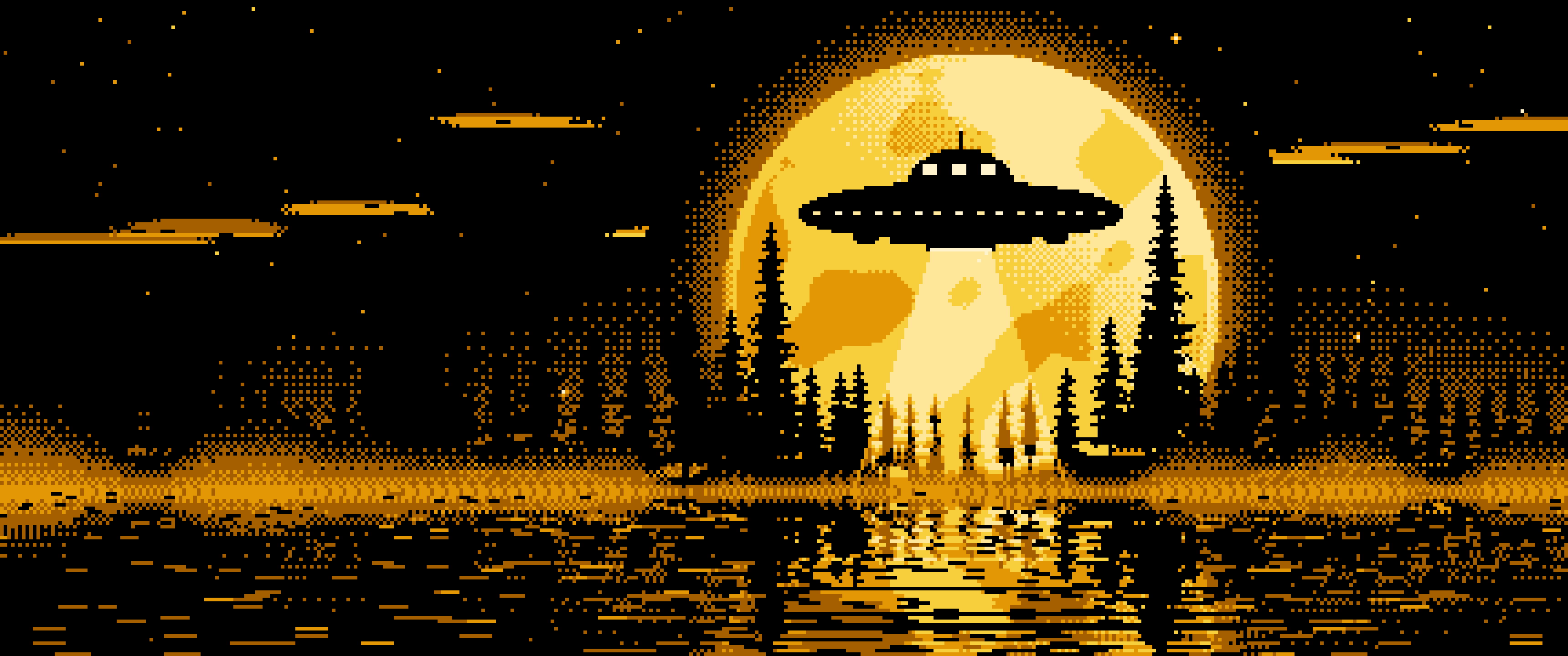 Yellow Pixel Art UFO and Full Moon ultrawide wallpaper, 3440 × 1440
