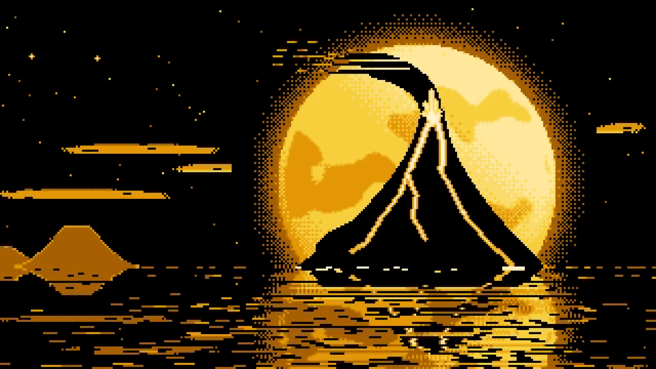 Yellow Pixel Art Volcano and Full Moon desktop wallpaper in 4K