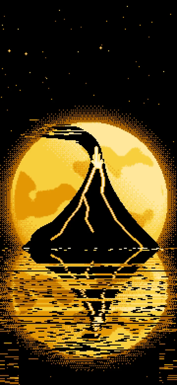 Yellow Pixel Art Volcano and Full Moon wallpaper for iPhone and Android