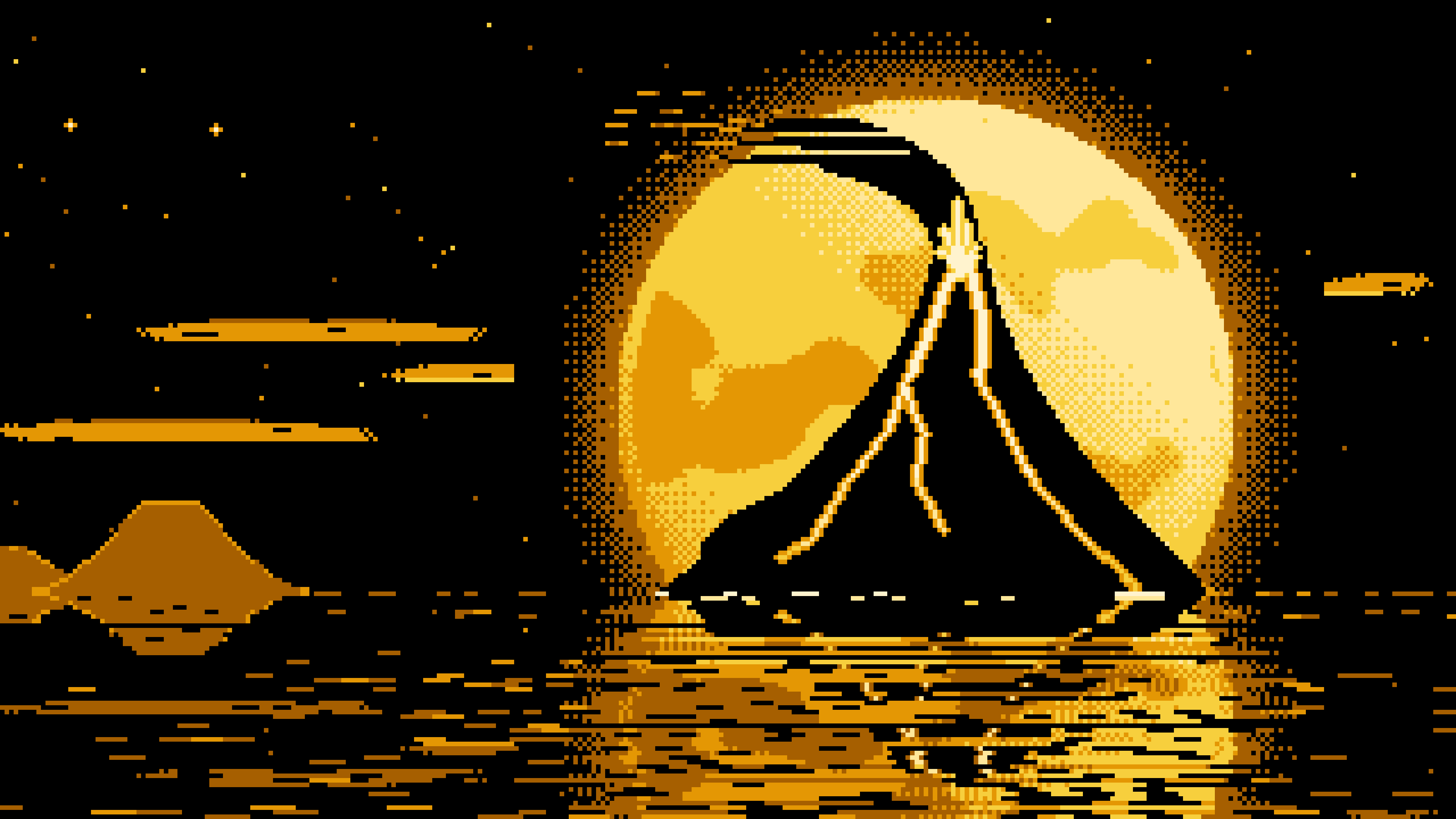 Yellow Pixel Art Volcano and Full Moon desktop wallpaper in 4K