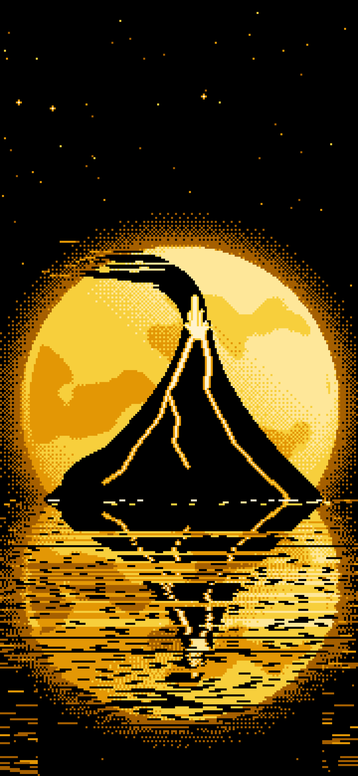 Yellow Pixel Art Volcano and Full Moon wallpaper for iPhone and Android