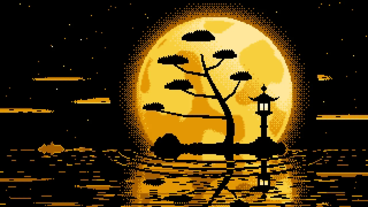 Yellow Pixel Art Zen Stone Lantern and Full Moon desktop wallpaper in 4K