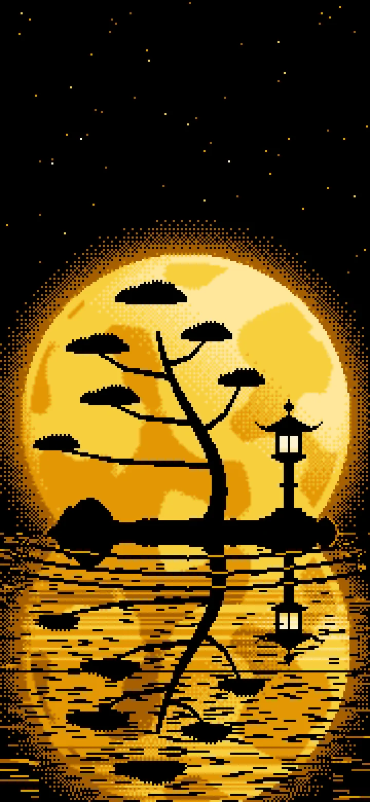 Yellow Pixel Art Zen Stone Lantern and Full Moon wallpaper for iPhone and Android