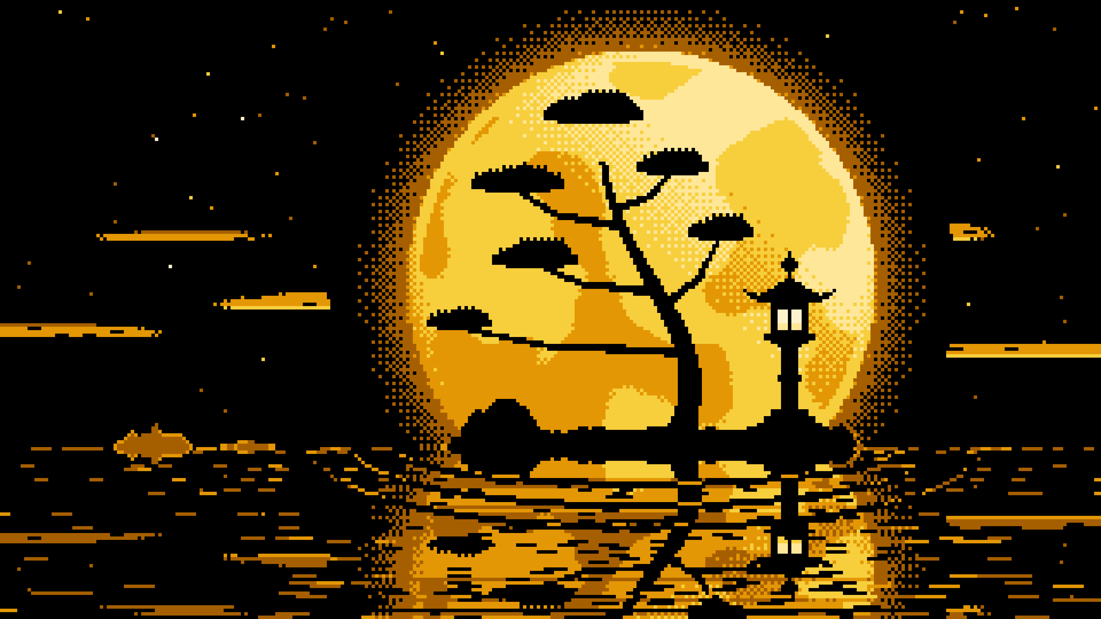 Yellow Pixel Art Zen Stone Lantern and Full Moon desktop wallpaper in 4K