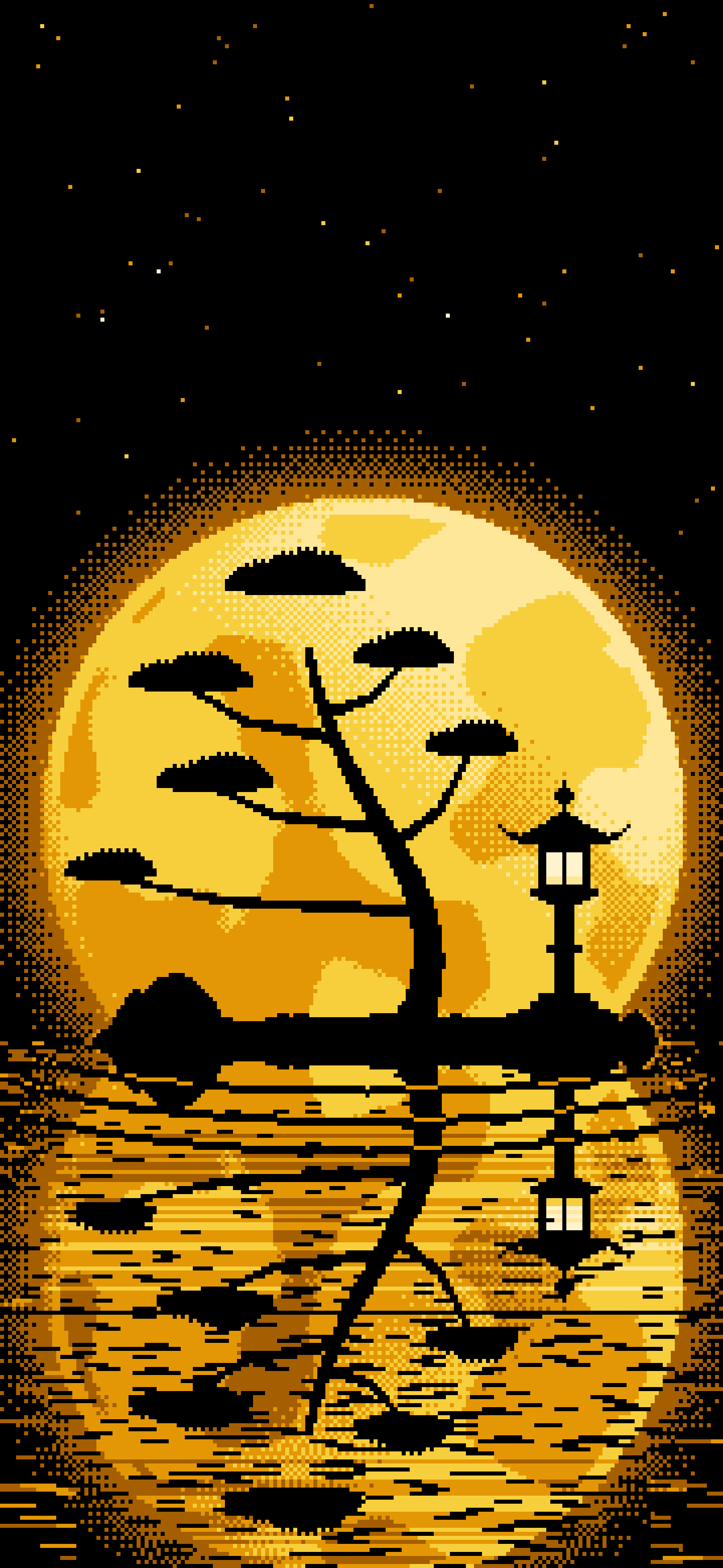 Yellow Pixel Art Zen Stone Lantern and Full Moon wallpaper for iPhone and Android